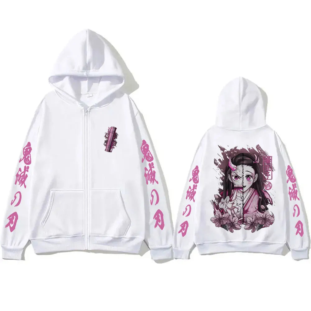 Oni Sakura Zip Hoodie – Japanese Dark Pink Streetwear Oversized Jacket
