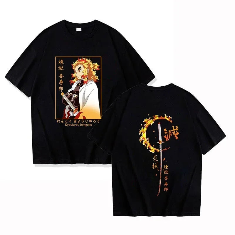 Japanese Streetwear "Burning Spirit" Graphic Tee - Oversized Flame Swordsman Edition