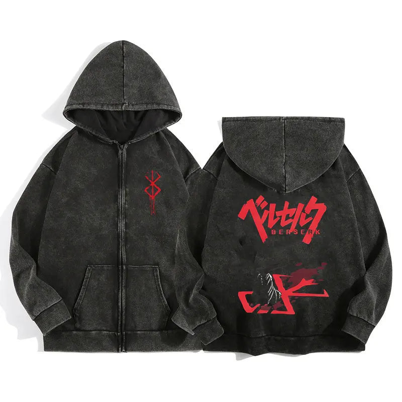 Unisex Washed Gothic Zip Hoodie – Dark Graphic Harajuku Streetwear Jacket