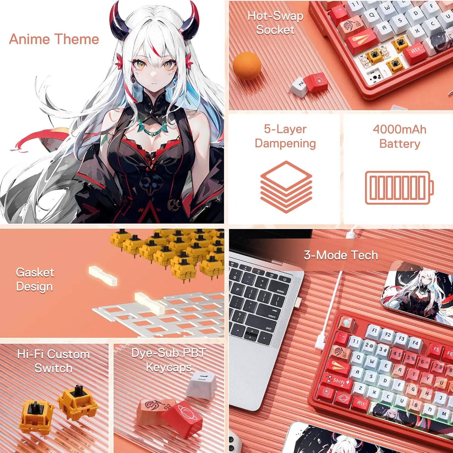 Redragon k673 pro se 81 teclas sem fio rgb 3 modos anime mecânico hot-swap soquete teclado para jogos, interruptor linear hi-fi personalizado