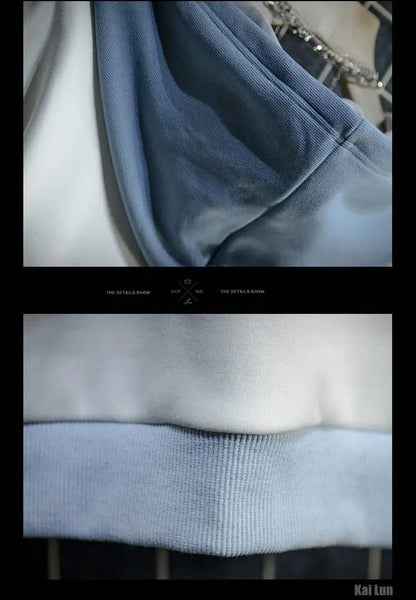 Kawaii Neko Harajuku Hoodie – Japanese Patchwork Blue & White Oversized Sweatshirt