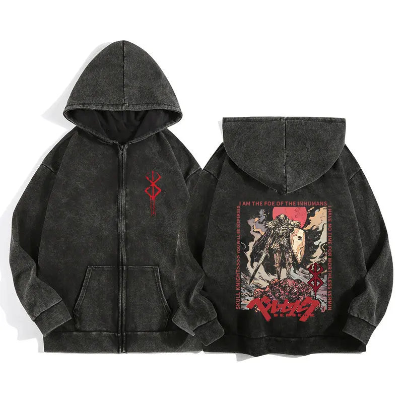 Unisex Washed Gothic Zip Hoodie – Dark Graphic Harajuku Streetwear Jacket