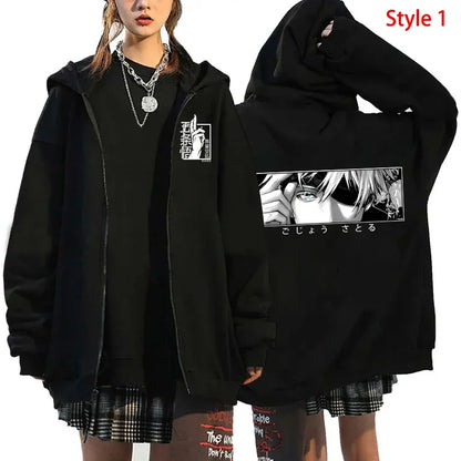 Unisex Anime-Inspired Zip Hoodie – Dark Streetwear with Energetic Eyes Graphic, Autumn/Winter Edition