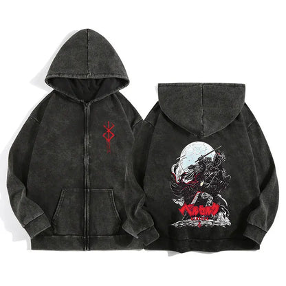 Unisex Washed Gothic Zip Hoodie – Dark Graphic Harajuku Streetwear Jacket