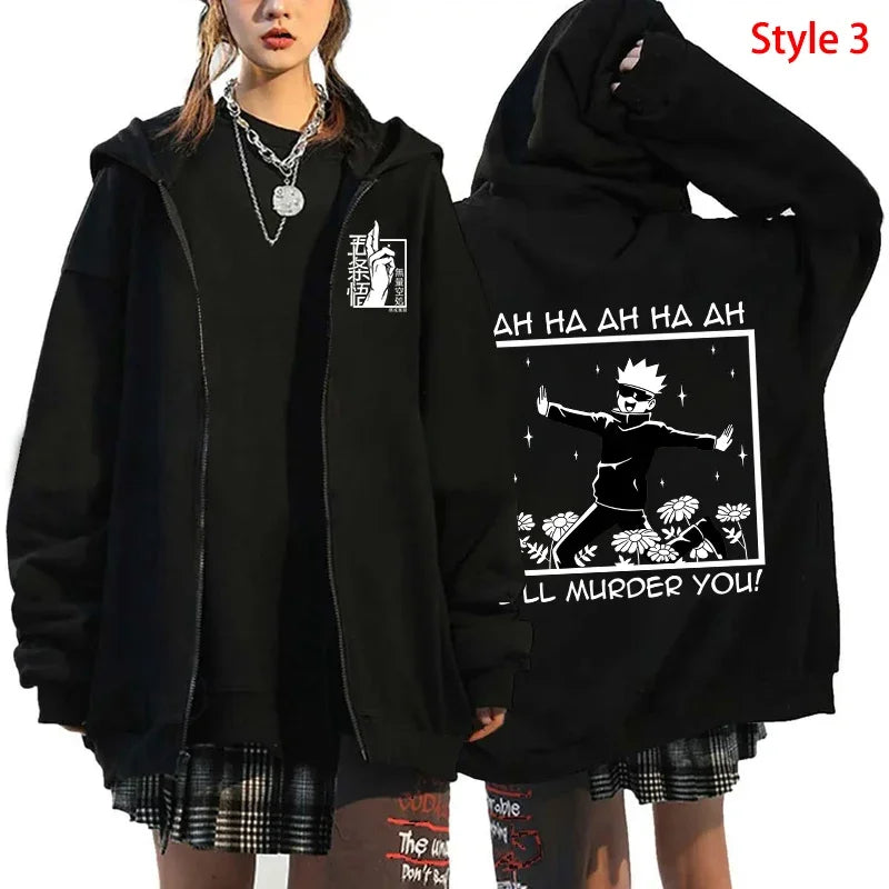 Unisex Anime-Inspired Zip Hoodie – Dark Streetwear with Energetic Eyes Graphic, Autumn/Winter Edition