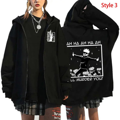 Unisex Anime-Inspired Zip Hoodie – Dark Streetwear with Energetic Eyes Graphic, Autumn/Winter Edition