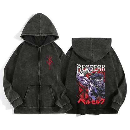 Unisex Washed Gothic Zip Hoodie – Dark Graphic Harajuku Streetwear Jacket