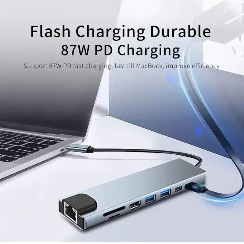 Hub usb c 8 em 1 tipo c 3.1 para 4k adaptador hdmi com leitor de cartão rj45 sd/tf pd carga rápida para macbook notebook computador portátil