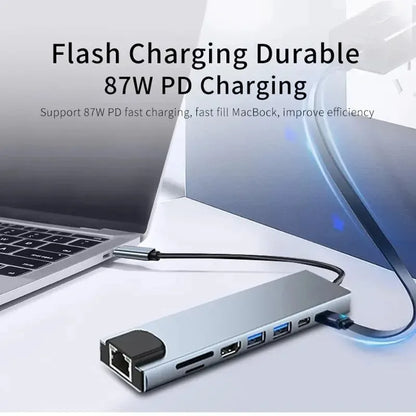 Hub usb c 8 em 1 tipo c 3.1 para 4k adaptador hdmi com leitor de cartão rj45 sd/tf pd carga rápida para macbook notebook computador portátil