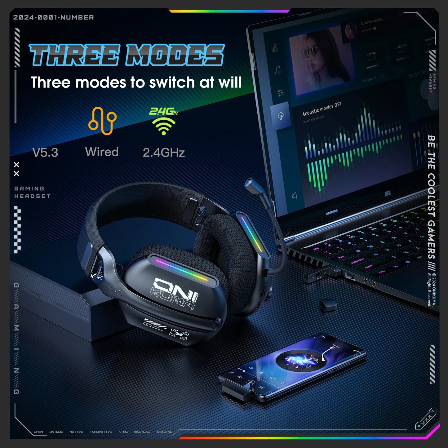 Tri-Mode RGB Gaming Headset 2.4G Wireless | Wired & Bluetooth | Ultra Long Battery Life