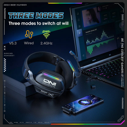 Tri-Mode RGB Gaming Headset 2.4G Wireless | Wired & Bluetooth | Ultra Long Battery Life