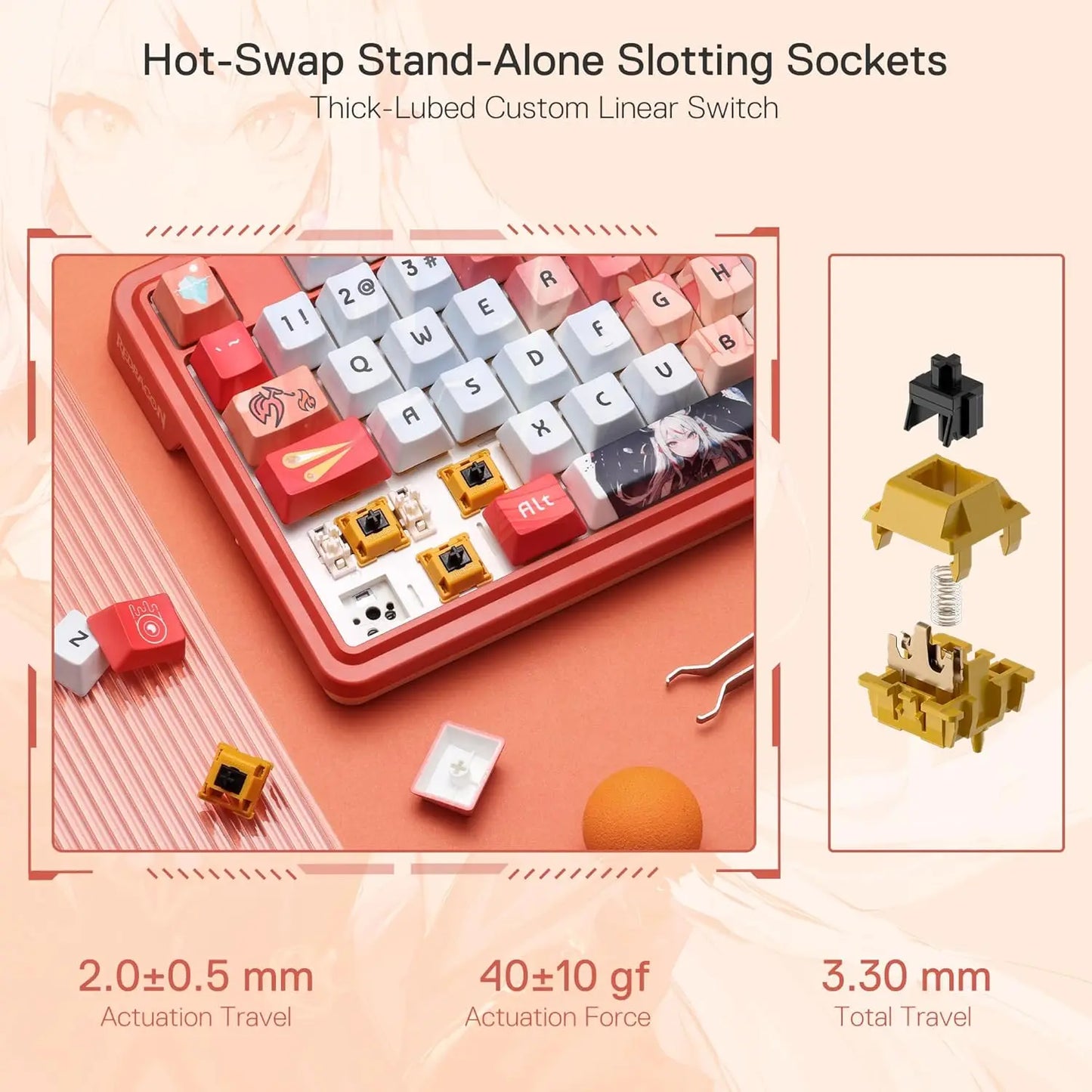 Redragon k673 pro se 81 teclas sem fio rgb 3 modos anime mecânico hot-swap soquete teclado para jogos, interruptor linear hi-fi personalizado