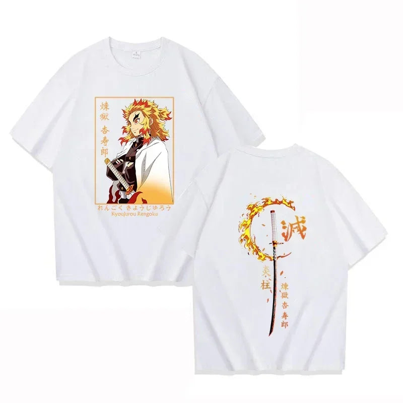 Japanese Streetwear "Burning Spirit" Graphic Tee - Oversized Flame Swordsman Edition