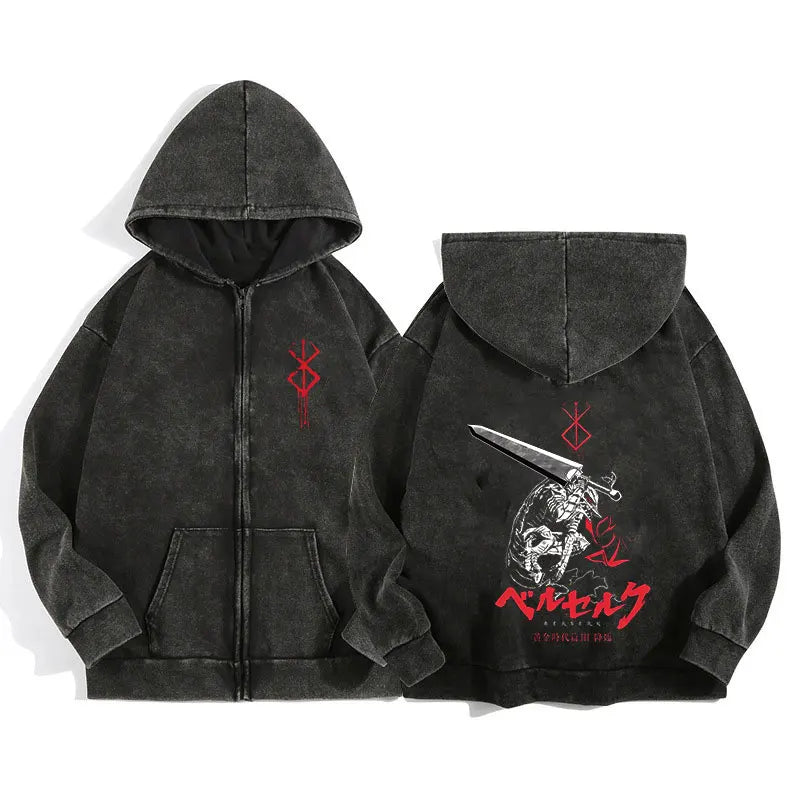 Unisex Washed Gothic Zip Hoodie – Dark Graphic Harajuku Streetwear Jacket