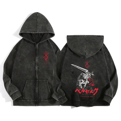 Unisex Washed Gothic Zip Hoodie – Dark Graphic Harajuku Streetwear Jacket