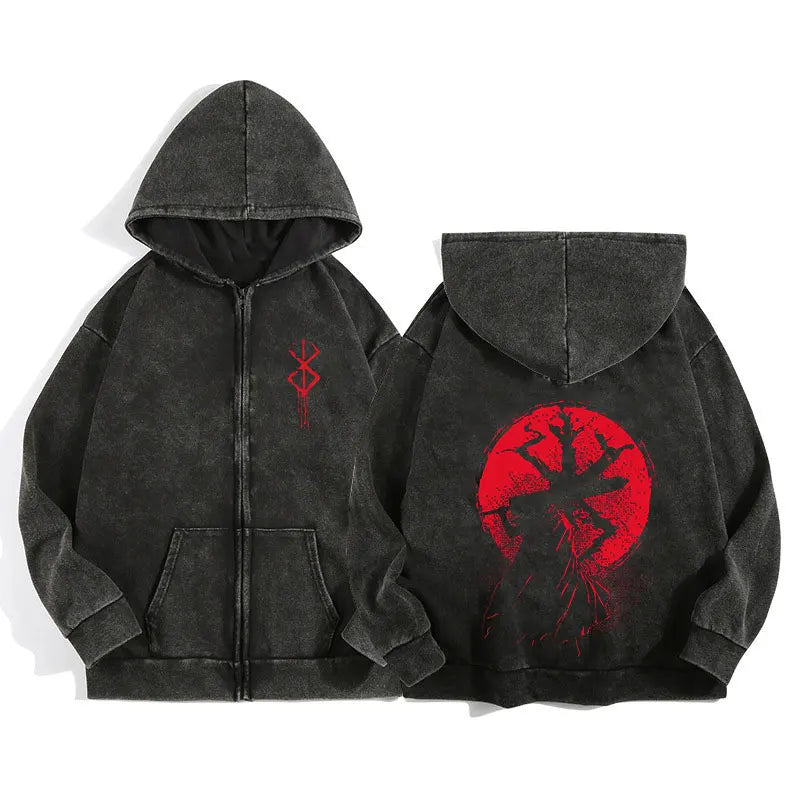 Unisex Washed Gothic Zip Hoodie – Dark Graphic Harajuku Streetwear Jacket