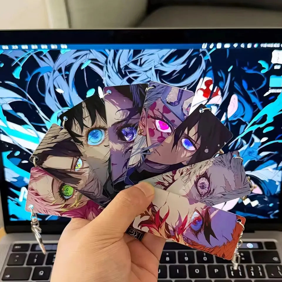 Anime slayer chaveiro rengoku kyoujurou kimetsu não yaiba olhos brilhantes dupla face chave de transmissão de luz mochila pingente
