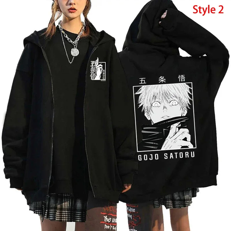 Unisex Anime-Inspired Zip Hoodie – Dark Streetwear with Energetic Eyes Graphic, Autumn/Winter Edition