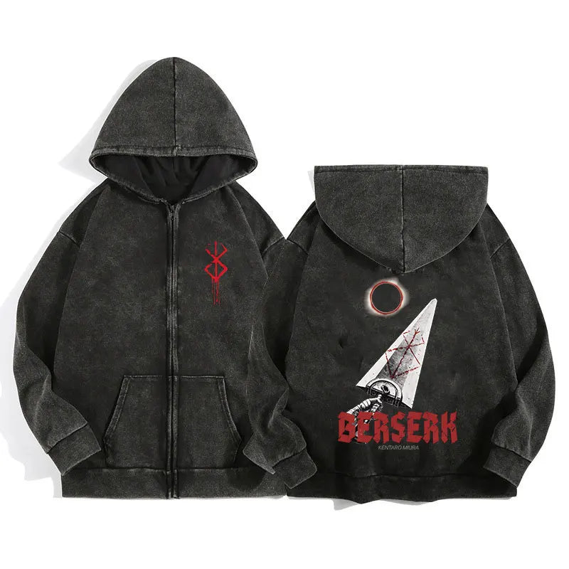 Unisex Washed Gothic Zip Hoodie – Dark Graphic Harajuku Streetwear Jacket