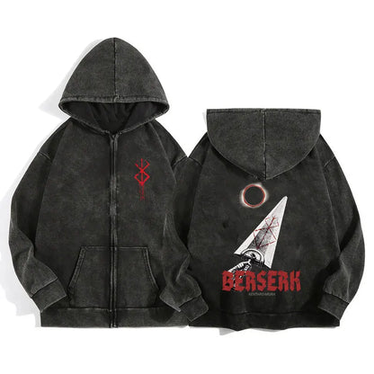 Unisex Washed Gothic Zip Hoodie – Dark Graphic Harajuku Streetwear Jacket