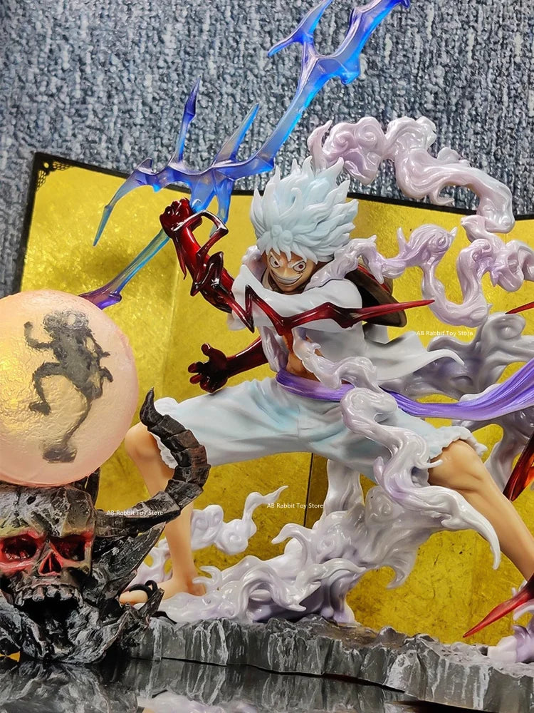 Uma peça nika luffy figura luffy sol deus engrenagem 5 com bola de luz 28cm estatueta ação pvc estátua modelo coleção decora brinquedo gif