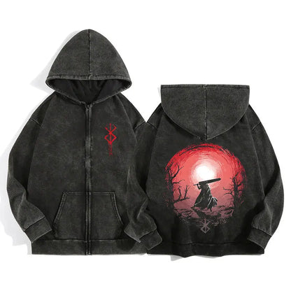 Unisex Washed Gothic Zip Hoodie – Dark Graphic Harajuku Streetwear Jacket