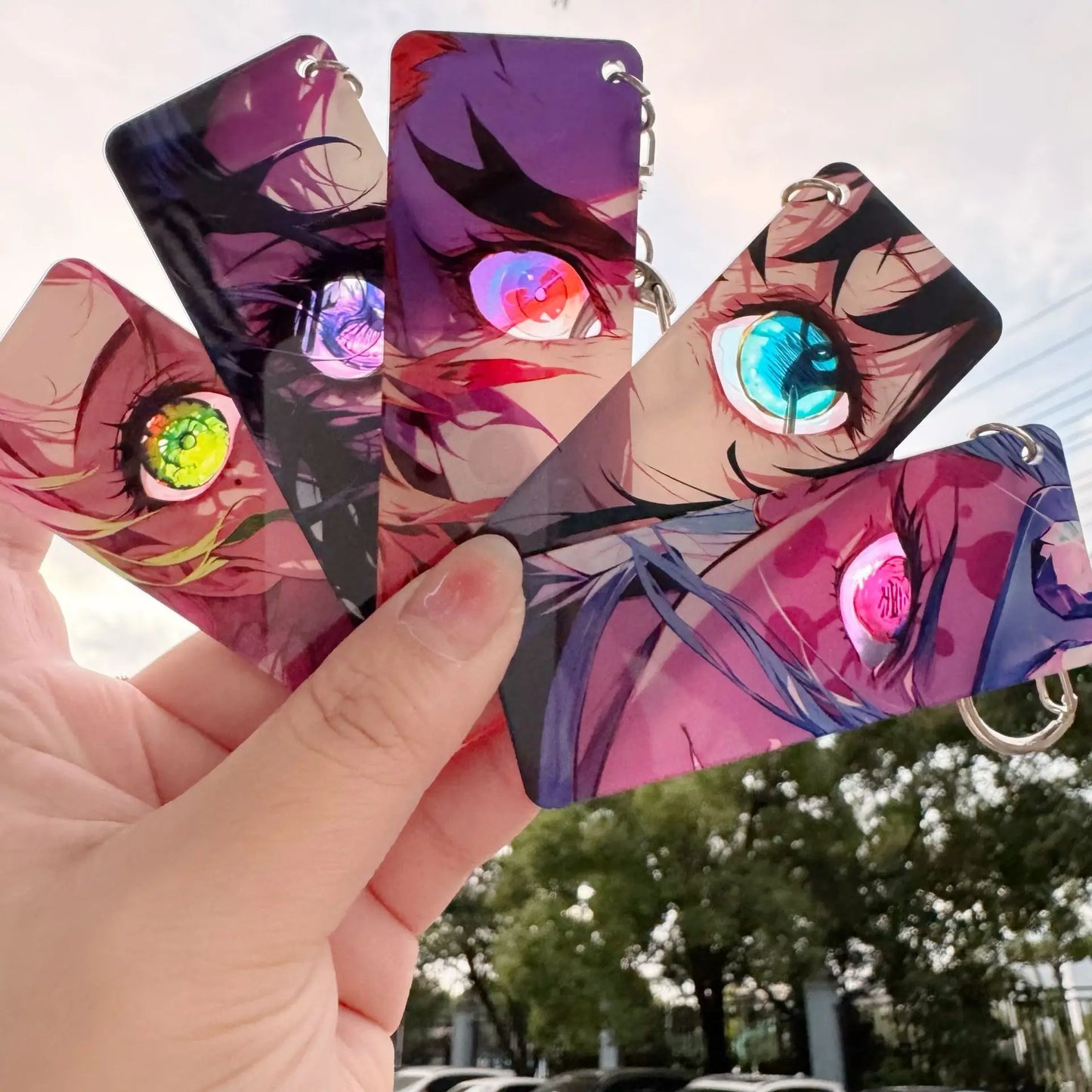 Anime slayer chaveiro rengoku kyoujurou kimetsu não yaiba olhos brilhantes dupla face chave de transmissão de luz mochila pingente