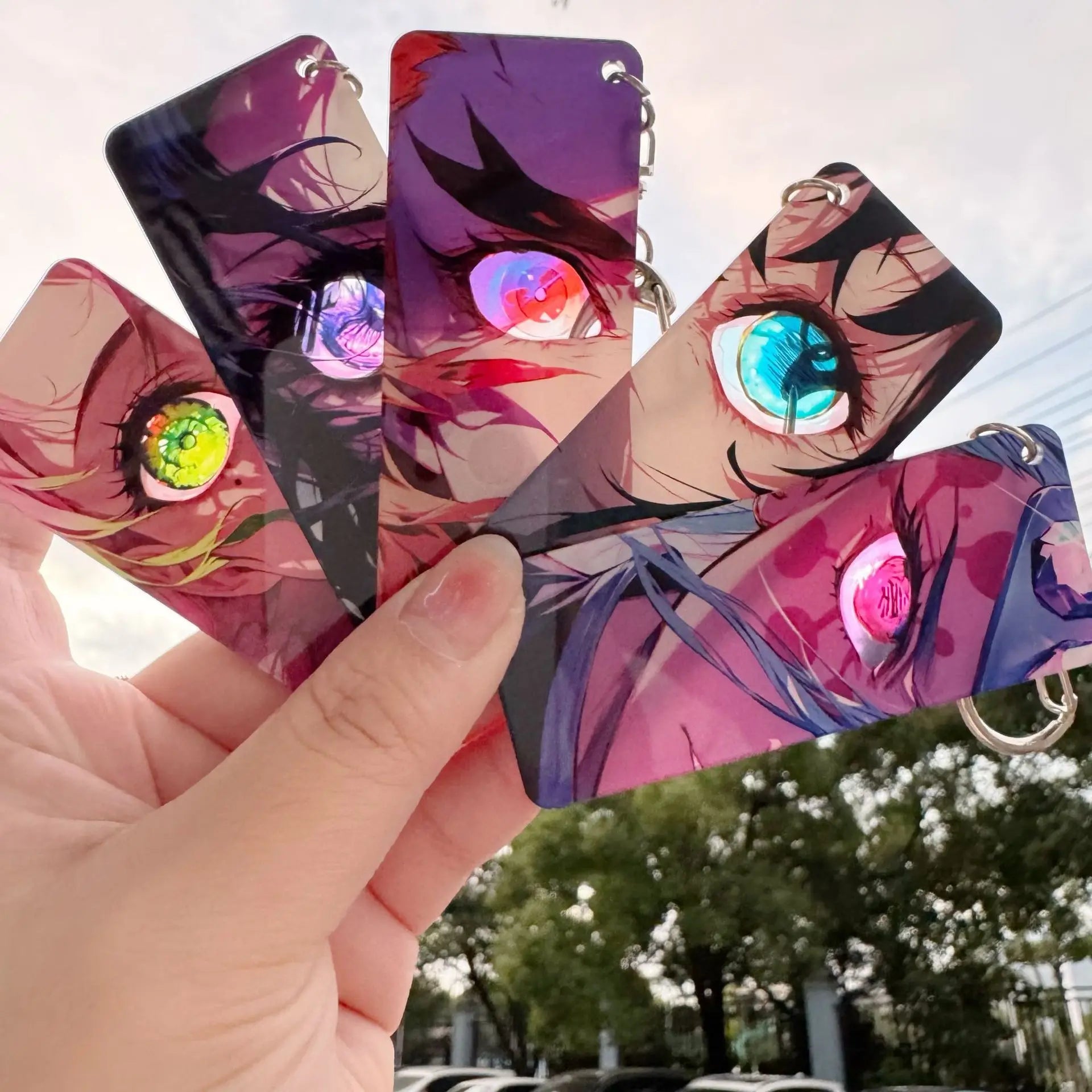 Anime slayer chaveiro rengoku kyoujurou kimetsu não yaiba olhos brilhantes dupla face chave de transmissão de luz mochila pingente