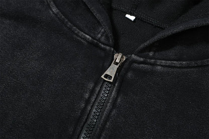 Unisex Washed Gothic Zip Hoodie – Dark Graphic Harajuku Streetwear Jacket