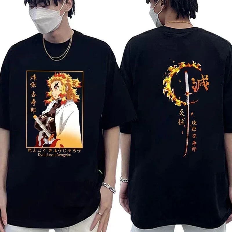 Japanese Streetwear "Burning Spirit" Graphic Tee - Oversized Flame Swordsman Edition