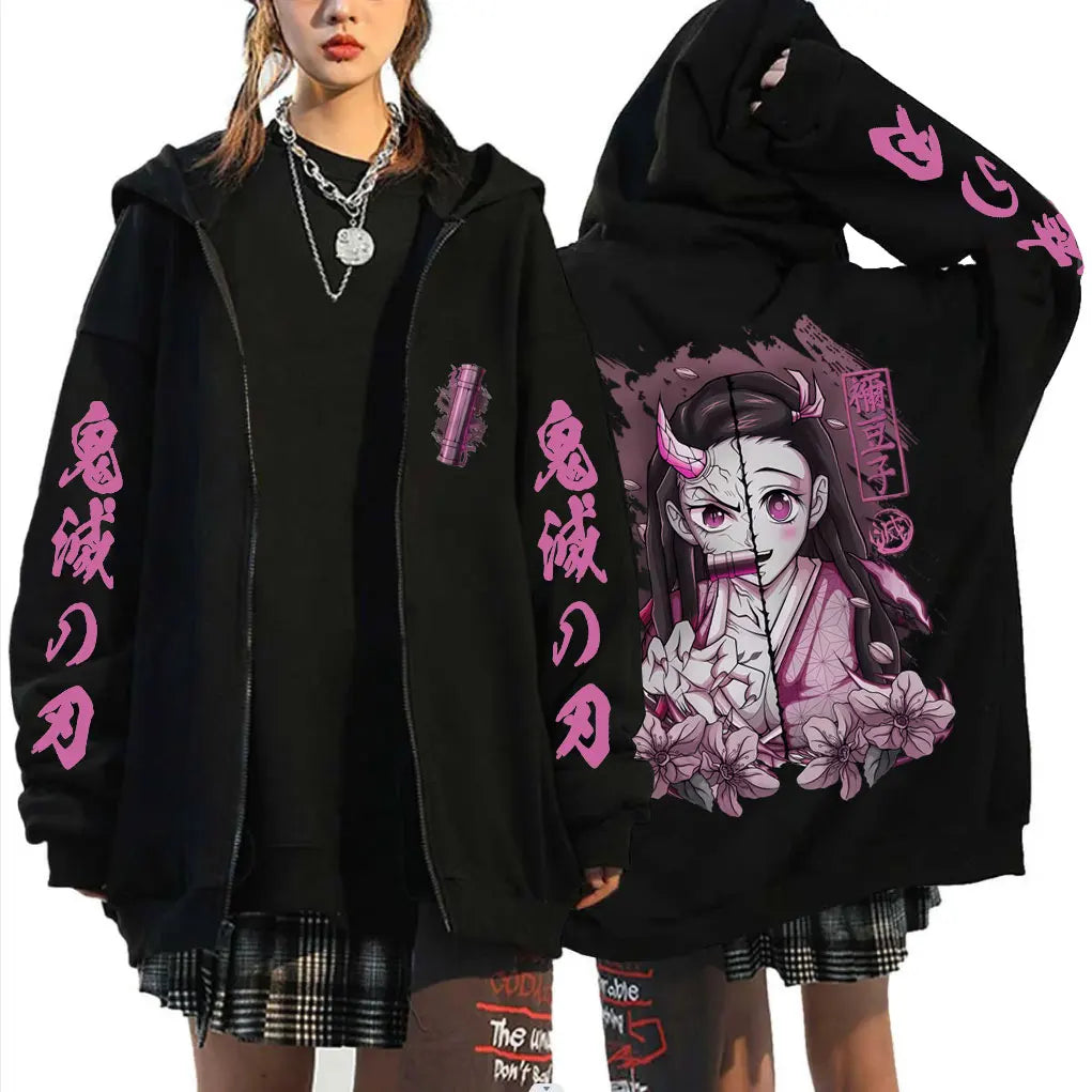 Oni Sakura Zip Hoodie – Japanese Dark Pink Streetwear Oversized Jacket