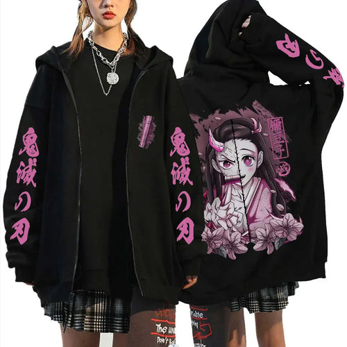 Oni Sakura Zip Hoodie – Japanese Dark Pink Streetwear Oversized Jacket