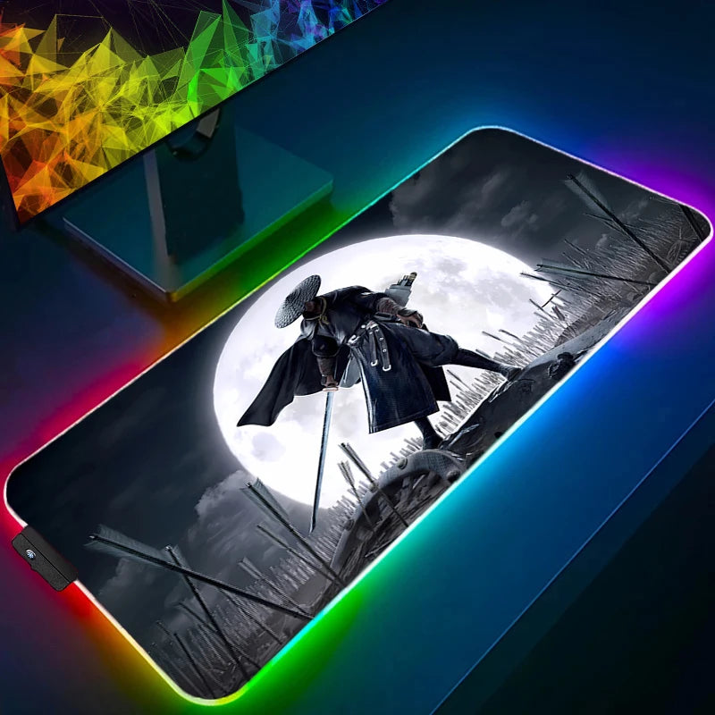 Anime Gaming Speed Mouse Pad RGB Gamer Mouse Mat Keyboard Pad LED Samurai Warrior Mousepad Computer Black And White Desktop Mat - Aruen Store