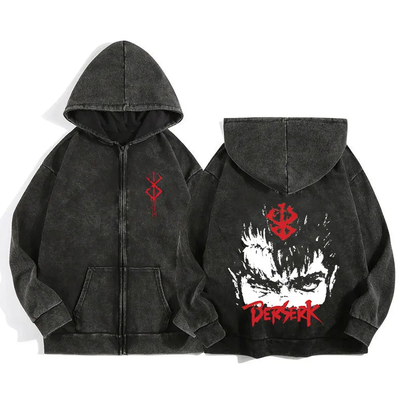Unisex Washed Gothic Zip Hoodie – Dark Graphic Harajuku Streetwear Jacket