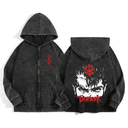Unisex Washed Gothic Zip Hoodie – Dark Graphic Harajuku Streetwear Jacket