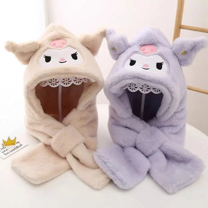Gothic Bunny Plush Hooded Scarf - All-in-One Kawaii Winter Set