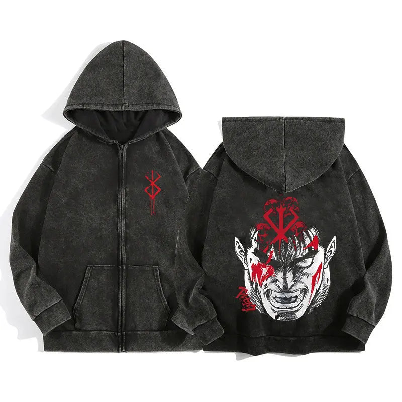 Unisex Washed Gothic Zip Hoodie – Dark Graphic Harajuku Streetwear Jacket