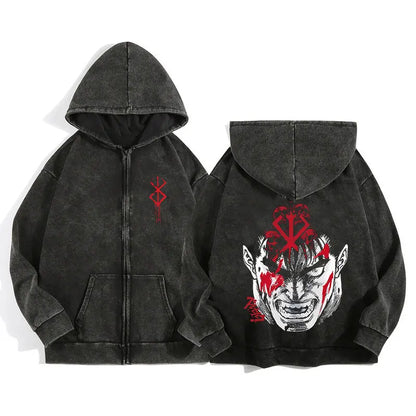 Unisex Washed Gothic Zip Hoodie – Dark Graphic Harajuku Streetwear Jacket