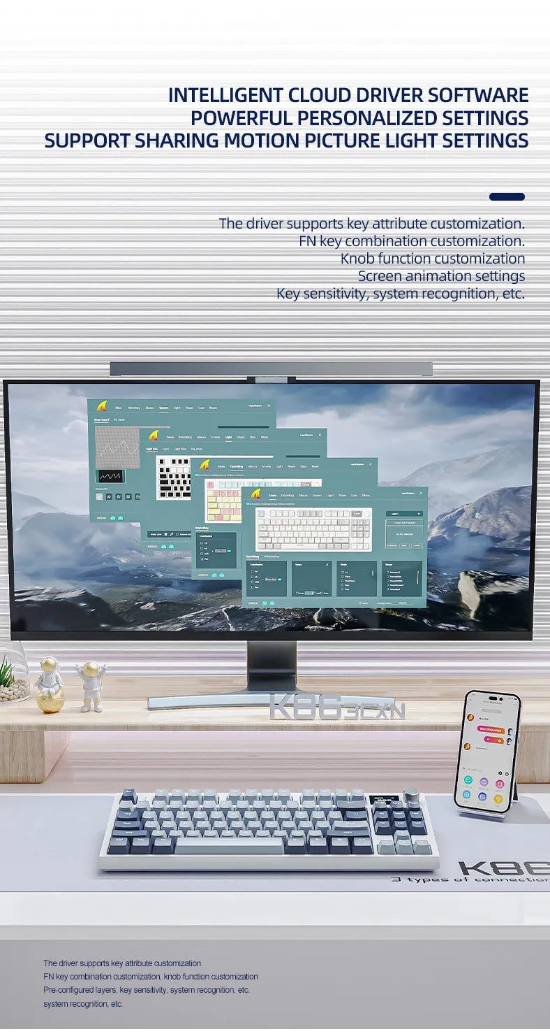 Attack Shark K86 RGB TFT Screen Wireless Mechanical Keyboard,Hot Swap, Metal Knob,Tri-mode Connectivity,macro Gaming Keyboar