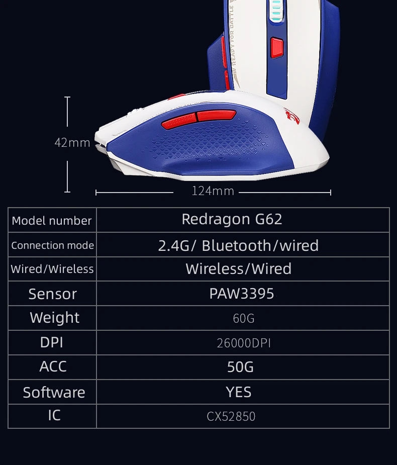 Redragon G62 Wireless Gaming Mouse – 2.4G + Bluetooth, 26,000 DPI Sensor, 6 Programmable Buttons, Ultra-Lightweight - Aruen Store
