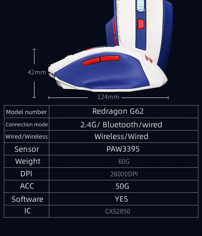 Redragon G62 Wireless Gaming Mouse – 2.4G + Bluetooth, 26,000 DPI Sensor, 6 Programmable Buttons, Ultra-Lightweight - Aruen Store