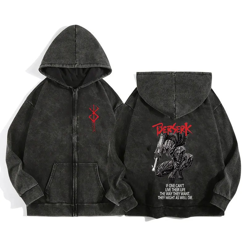 Unisex Washed Gothic Zip Hoodie – Dark Graphic Harajuku Streetwear Jacket