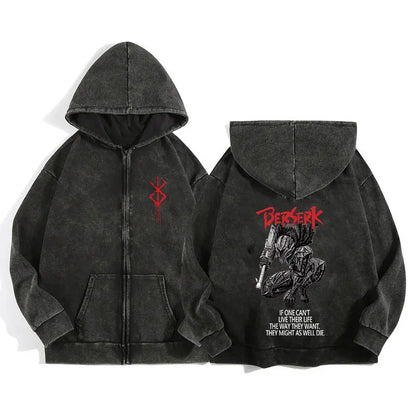 Unisex Washed Gothic Zip Hoodie – Dark Graphic Harajuku Streetwear Jacket
