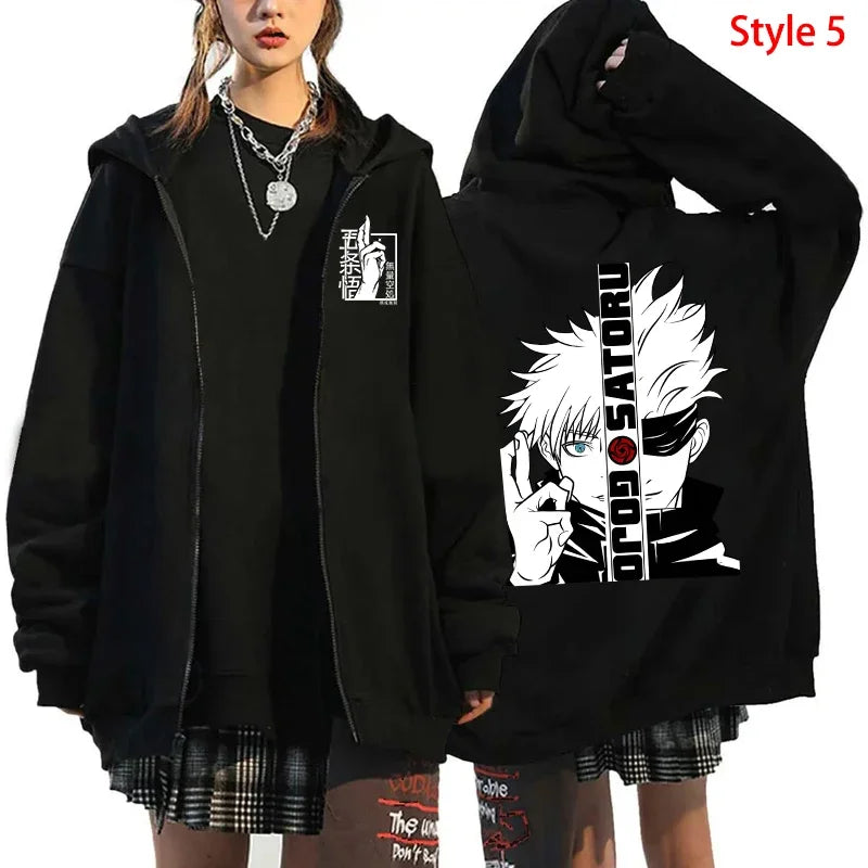 Unisex Anime-Inspired Zip Hoodie – Dark Streetwear with Energetic Eyes Graphic, Autumn/Winter Edition
