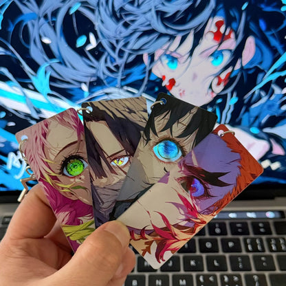 Anime slayer chaveiro rengoku kyoujurou kimetsu não yaiba olhos brilhantes dupla face chave de transmissão de luz mochila pingente