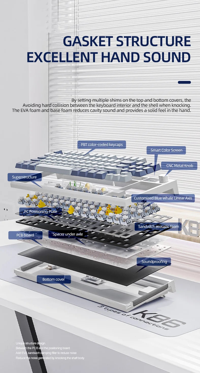 Attack Shark K86 RGB TFT Screen Wireless Mechanical Keyboard,Hot Swap, Metal Knob,Tri-mode Connectivity,macro Gaming Keyboar