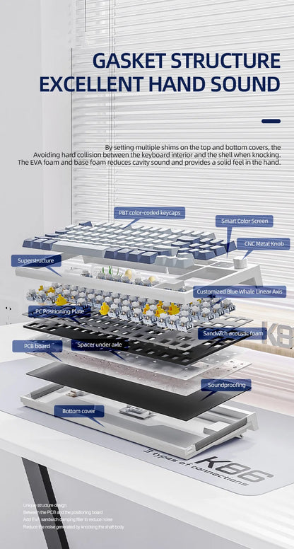 Attack Shark K86 RGB TFT Screen Wireless Mechanical Keyboard,Hot Swap, Metal Knob,Tri-mode Connectivity,macro Gaming Keyboar