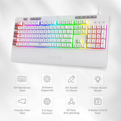 Teclado com fio para jogos de membrana retroiluminada Redragon K512 Shiva RGB, interruptor de sensação mecânica linear, descanso de pulso removível