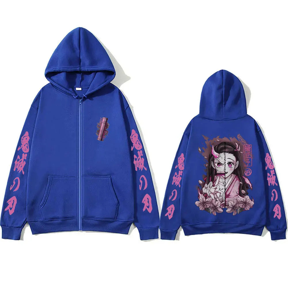 Oni Sakura Zip Hoodie – Japanese Dark Pink Streetwear Oversized Jacket