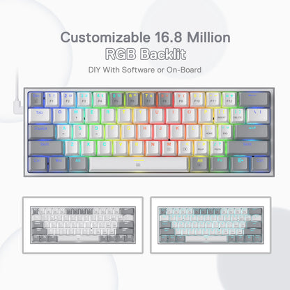 Redragon K617 Fizz 60% Teclado para jogos RGB com fio, 61 teclas Teclado mecânico compacto de troca quente Interruptor vermelho